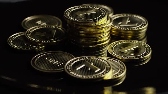 Rotating shot of Bitcoins (digital cryptocurrency) - BITCOIN LITECOIN 