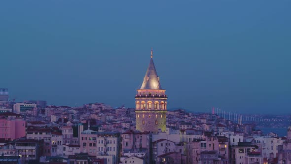 GALATA TOWER TURKEY WITH VIEW OF ISTANBUL STRAIT AND BRIDGE
