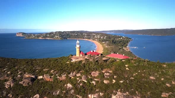 Aerial shot of Barrenjoey Lighthouse at  Barrenjoey Headland, Palm Beach, Northern Beaches of Sydney