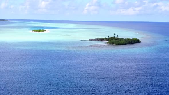 Drone seascape of bay beach journey by clear ocean and sand background