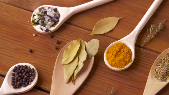 Spoons with Different Spices on Wooden Table 11