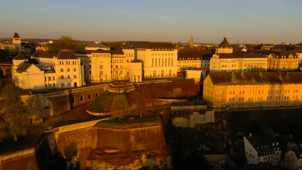 Golden hour in Luxembourg city drone footage