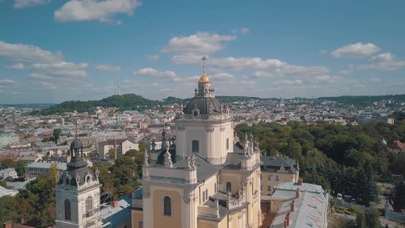 Aerial View of St. Jura St. George's Cathedral Church in Town Lviv, Ukraine