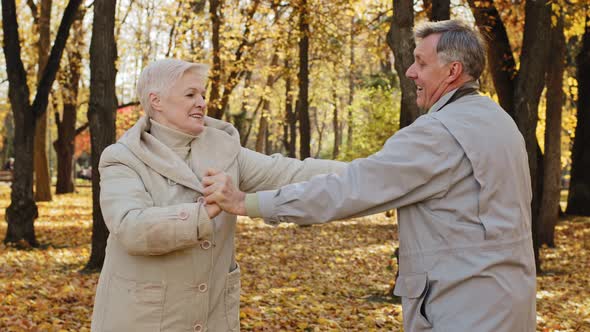 Happy Old People Doing Gymnastics in Autumn Park Elderly Couple Spend Time Together Smiling