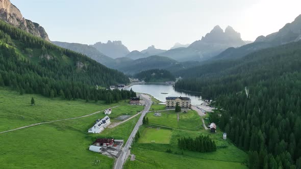 Lake of Misurina, aerial view of Dolomites