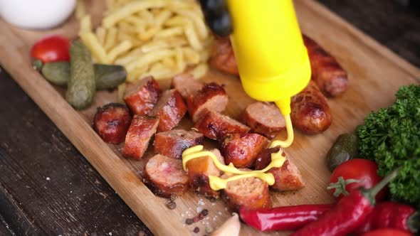 Pouring Mustard Sauce on Tasty Grilled Sausages on Wooden Serving Board with French Fries and Sauces