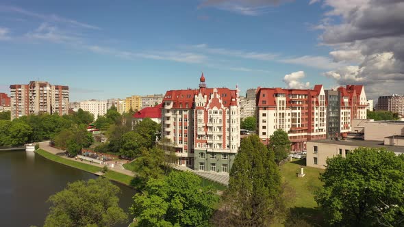 Aerial view of the buildings on embankment of Lower Lake