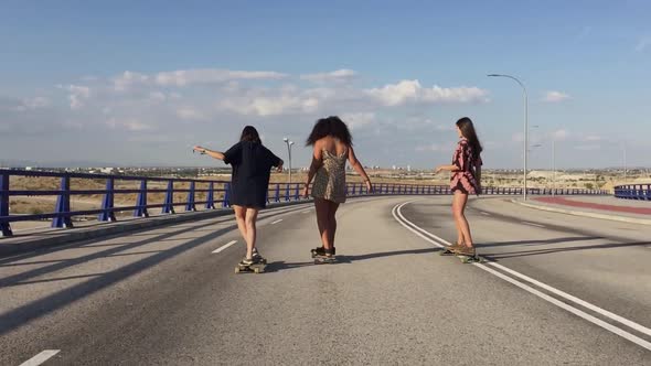 Back view of portrait of long board babes