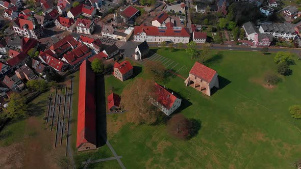 Beautiful flight over the monastery in the city of Lorsch.