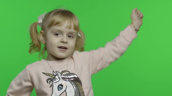 Girl in Unicorn Sweatshirt Dance and Sing. Happy Child. Chroma Key