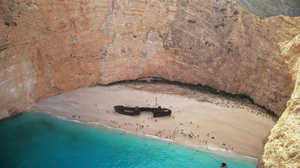 Aerial drone view of the Navagio beach on the Ionian Sea coast of Zakynthos, Greece