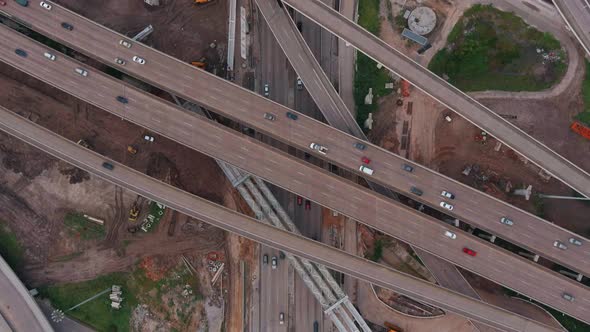 Birds eye view of traffic on major freeway in Houston