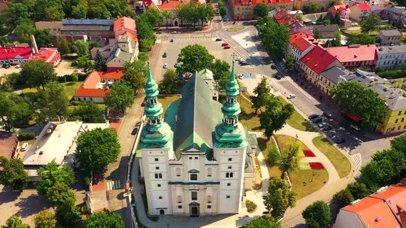 Top aerial panoramic view of Lowicz old town historical city centre with Rynek Market Square, Old To