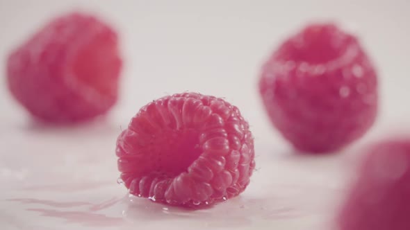 Raspberry Falls Down on Heap of Fresh Berries with Water Drops Slow Motion