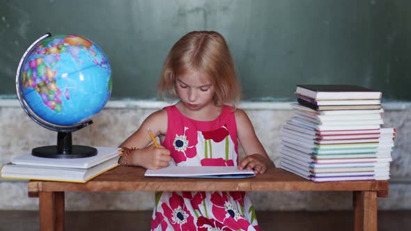 Girl Studying at Home on the Background of the Globe and Books. Home School Concept.