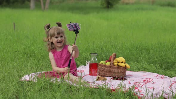 Weekend at Picnic. Girl on Grass Meadow Makes Selfie on Mobile Phone with Selfie Stick. Video Call