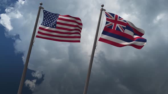 Waving Flags Of The United States And Hawaii State Flag 4K