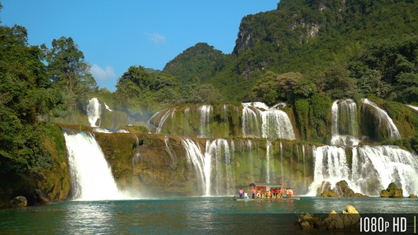 Ban Gioc Waterfall with Tour Boat in Slow Motion