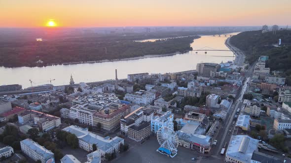 Historical District of Kyiv - Podil in the Morning at Dawn. Ukraine. Aerial View