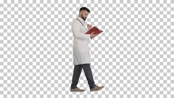 Doctor reading a book or a journal while walking, Alpha Channel