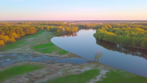 Beautiful View of the Picturesque Winding River Surrounded By Forest at Sunset