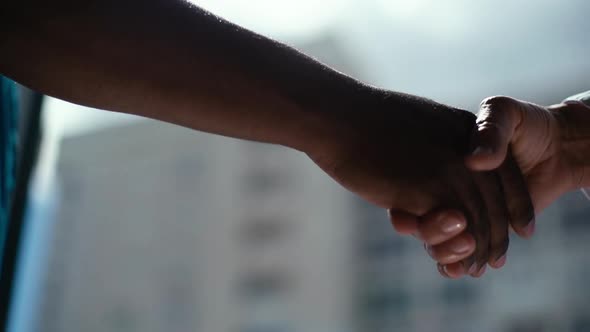 Close-up of Handshake African American Man and White Woman on Background of Window and Cityscape.