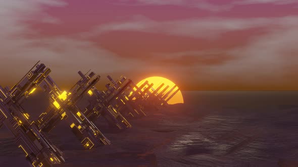 4K 3D animation. Abstract Sci Fi Alien Terrain Background with Sunset. Cyberpunk, Cyber world