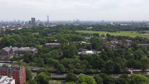 Regents park London  city skyline and BT tower in distance drone aerial view