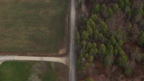 Aerial drone bird's eye view flight over houses, farmland, forest, green fields and roads on an autu