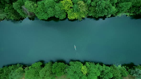 Aerial view of a person doing Kayak in Karlovac province, Croatia.