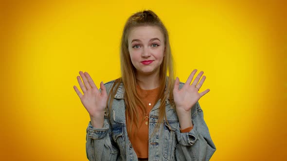 Girl on Yellow Studio Background Pointing Fingers Himself Ask Say Who Me No Thanks I Do Not Need It