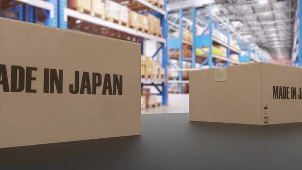 Boxes with MADE IN JAPAN Text on Conveyor