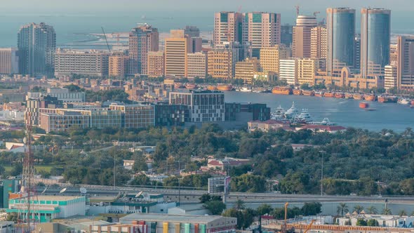 Aerial View of Modern City of Dubai with Blue Sky Aerial Timelapse