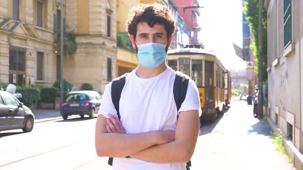 Man wearing protective mask in city