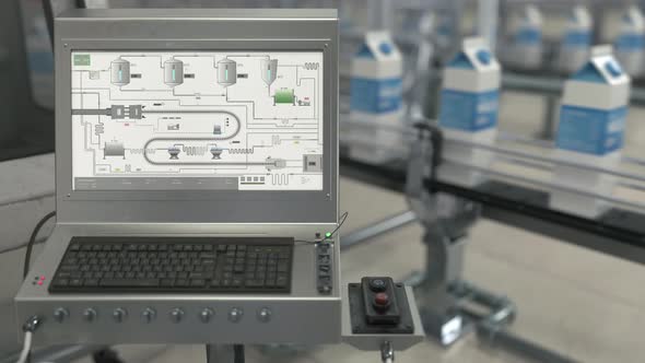 Milk Plant Control Panel Displays Conveyor Moving Milk On Production Line