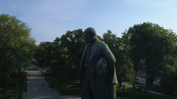 Drone Aerial View Statue of the Writer Taras Grigorovich Shevchenko in Park
