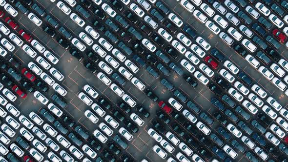 Round Motion Above Finished Cars at Warehouse Bird Eye View