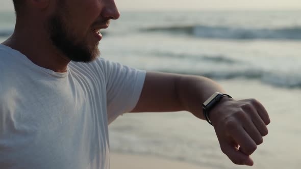 Active Lifestyle Man Tourist Looking Tech Smartwatch Smart Watch