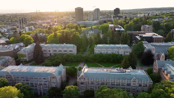 Sunset aerial of the University of Washington's campus with so many unique architectural designs.