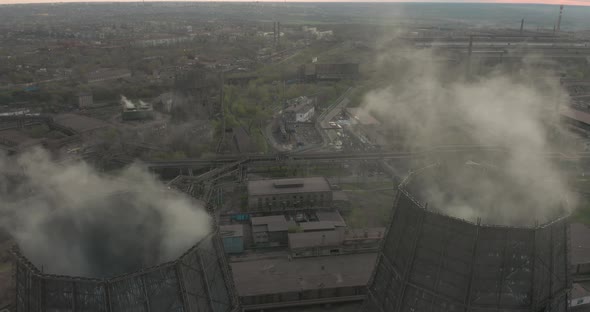 Aerial. Smoke and Steam From Industrial Power Plant, Contamination, Pollution, Global Warming