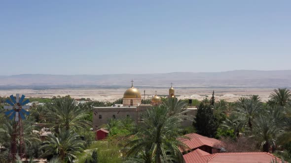 Holy Monastery of Saint Gerasimos of the Jordan, west of the river Jordan, Aerial view.