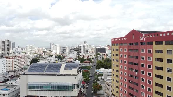 Drone with aerial views of the national district of Santo Domingo, flying over the city.