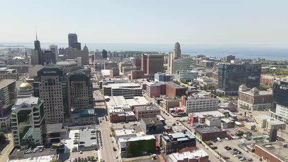 Buffalo, New York skyline drone videoing in.