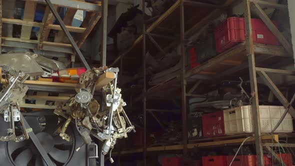 Used car parts on the factory shelf. Used auto parts for sale in the store