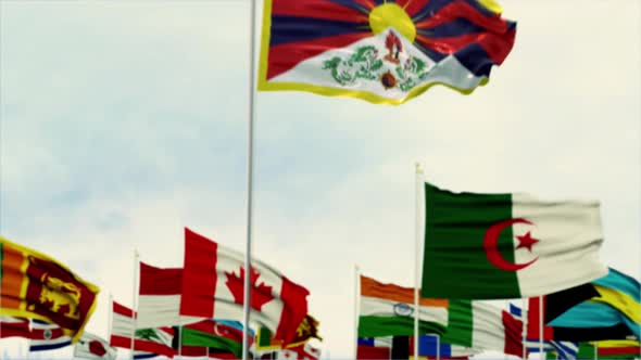 Tibet Flag With World Globe Flags Morning Shot
