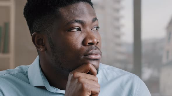 Thoughtful Dreamy African Man Doubtful Guy Brunet Worker Businessman Hold Hand on Chin Deep in