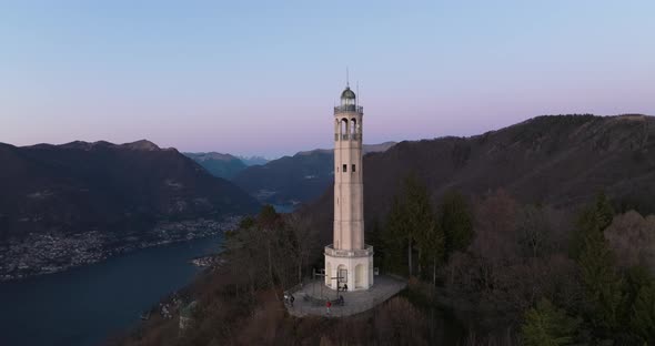 Splendid drone view of Brunate's lighthouse, The fly towards ends pretty near the lake.