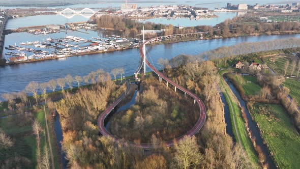Aerial View of Cycle and Pedestrian Bridge Nesciobrug in Amsterdam Oost Near Ijburg and DIemen in