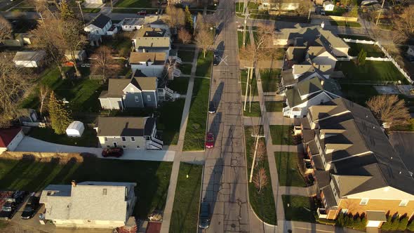 Living neighborhood of small midwest town, aerial fly over view