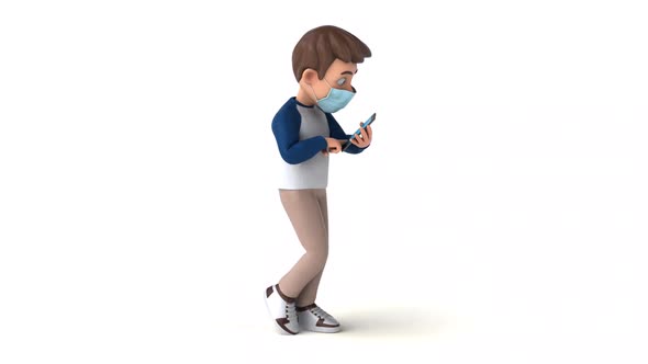 Fun 3D cartoon kid with a mask on the phone